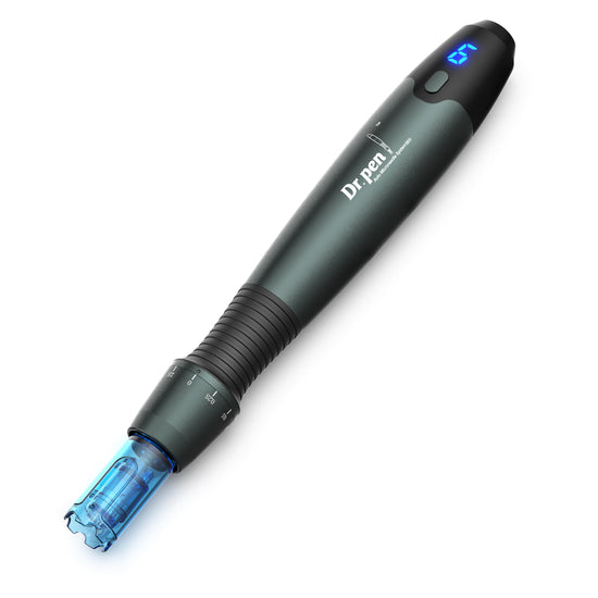 Black Dr. Pen device with blue light on a white background