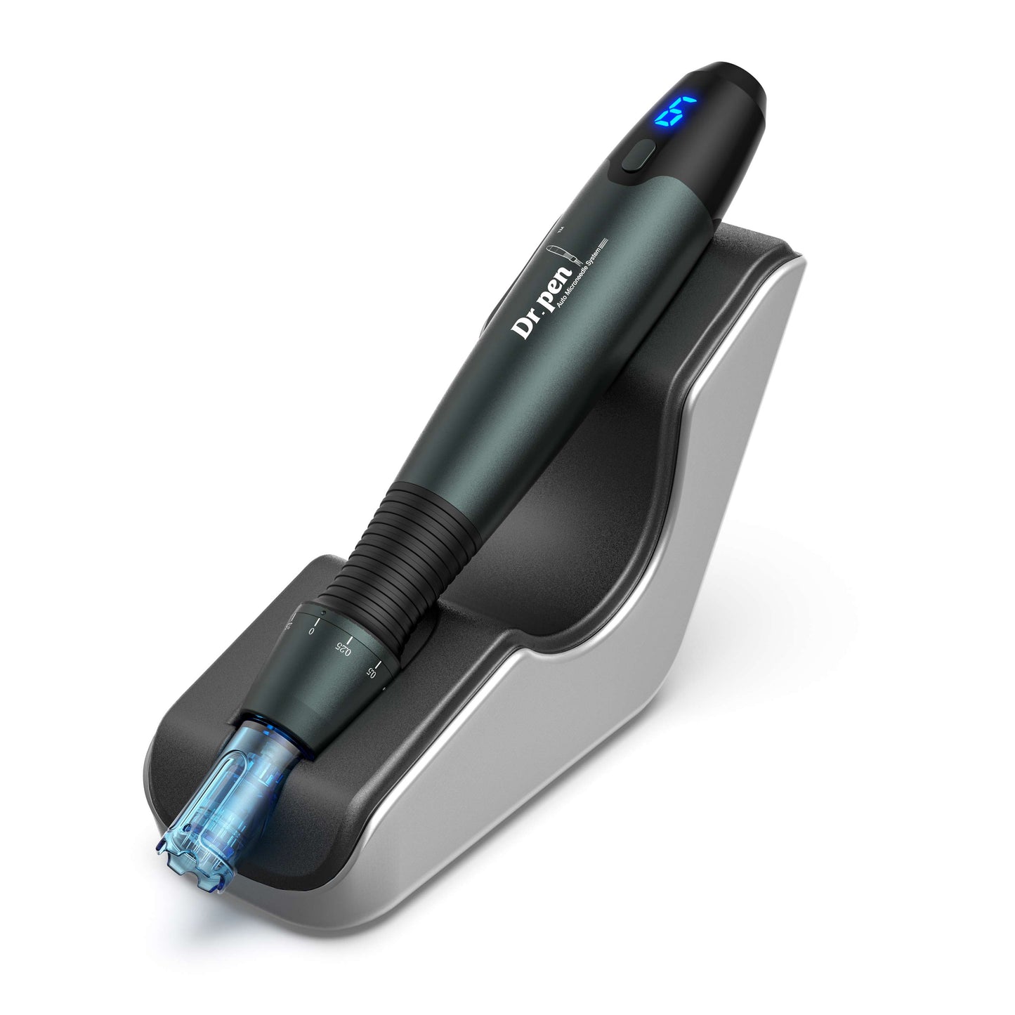Dr. Pen device with blue light on a white background