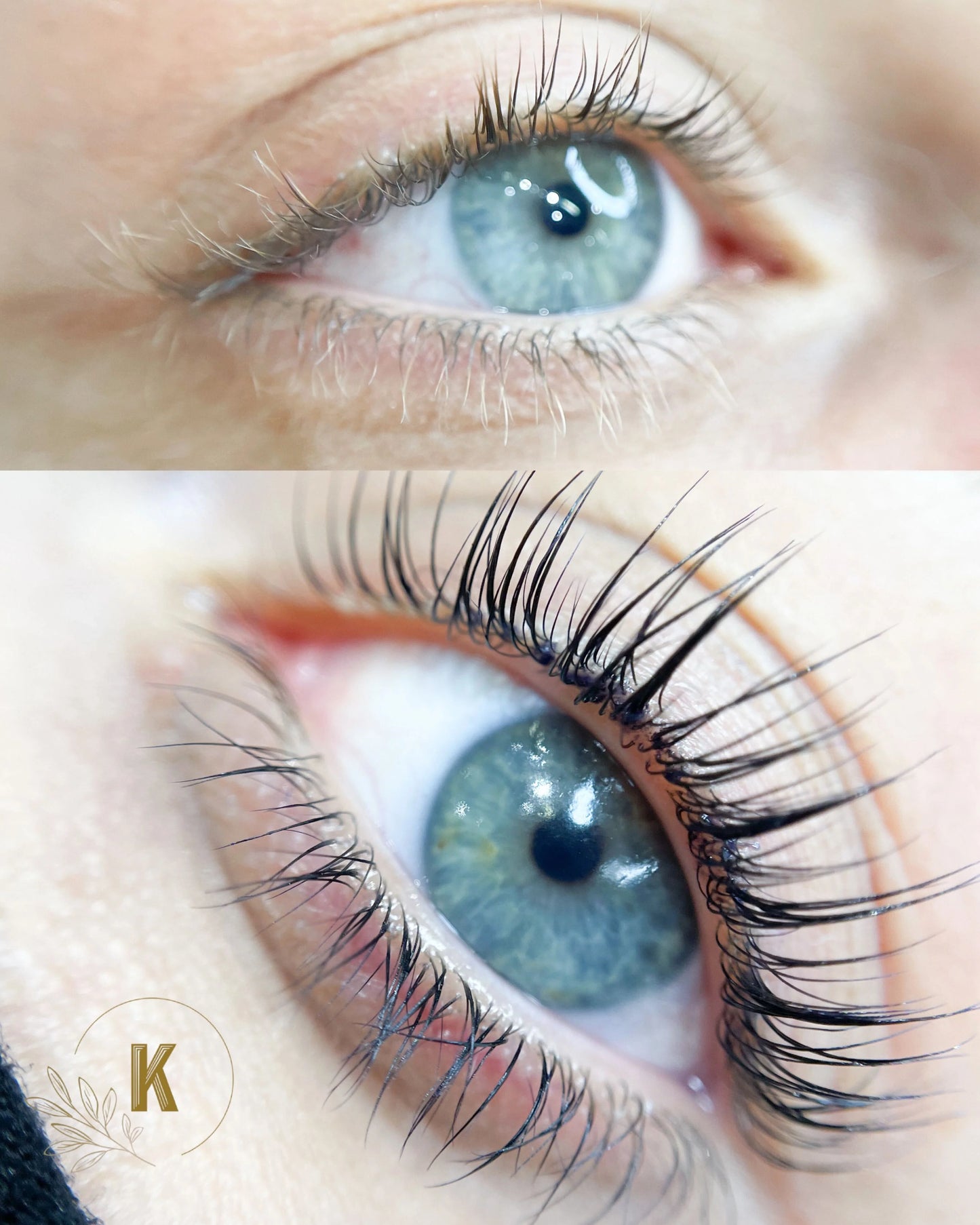 A before and after close-up of a women's blue eye with regular eyelashes and fabulous eyelashes after using Karavie Professional's Lash Lift products.