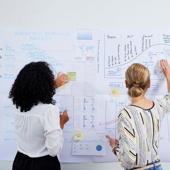 Two women use a whiteboard to plan out their marketing strategy.