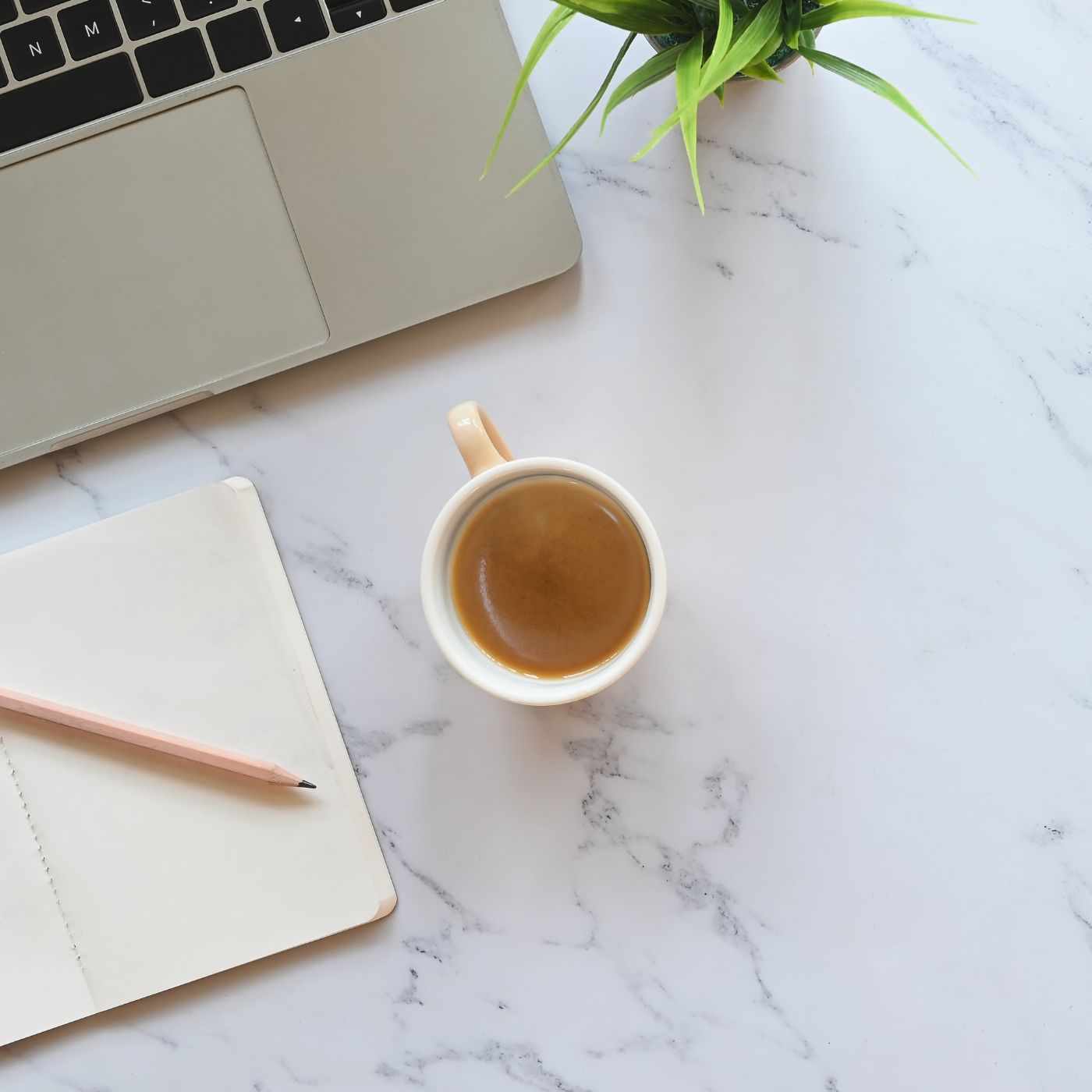 A laptop, notebook, cup of coffee, and a small plant aesthetically placed on a white marble countertop. 