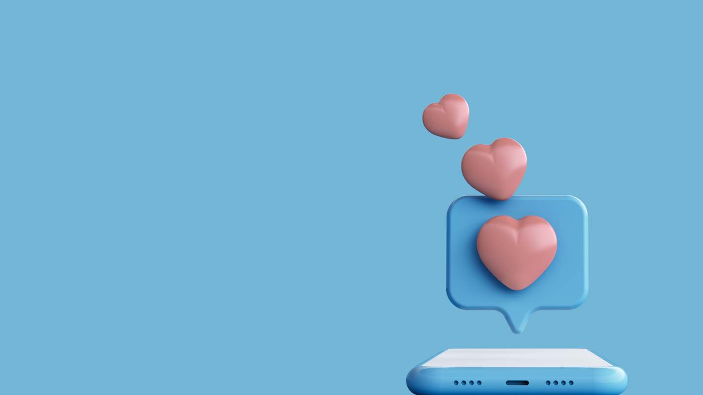 Heart-shaped icons above a smartphone on a blue background