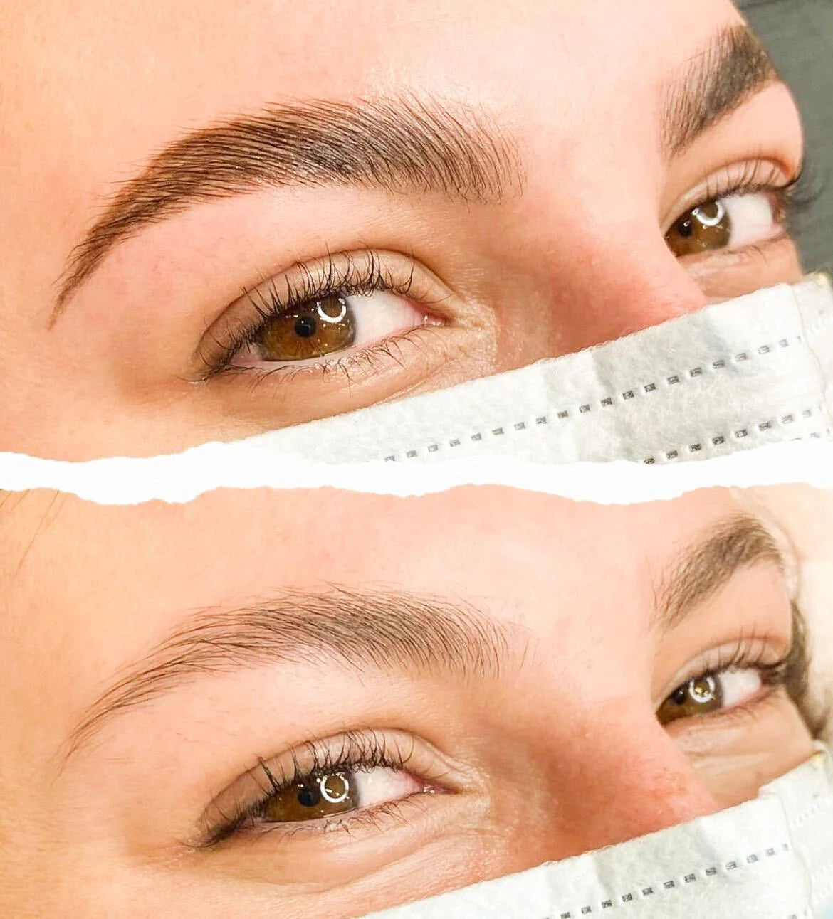 Before and after of a woman's thin to full eyebrows.